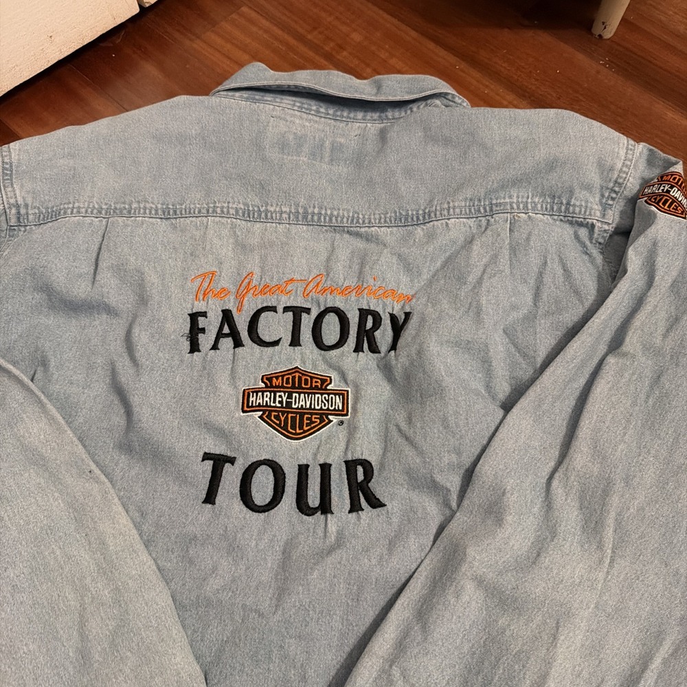 Harley Davidson Long Sleeve Buttondown Men Large Denim Factory Tour Guide Rare